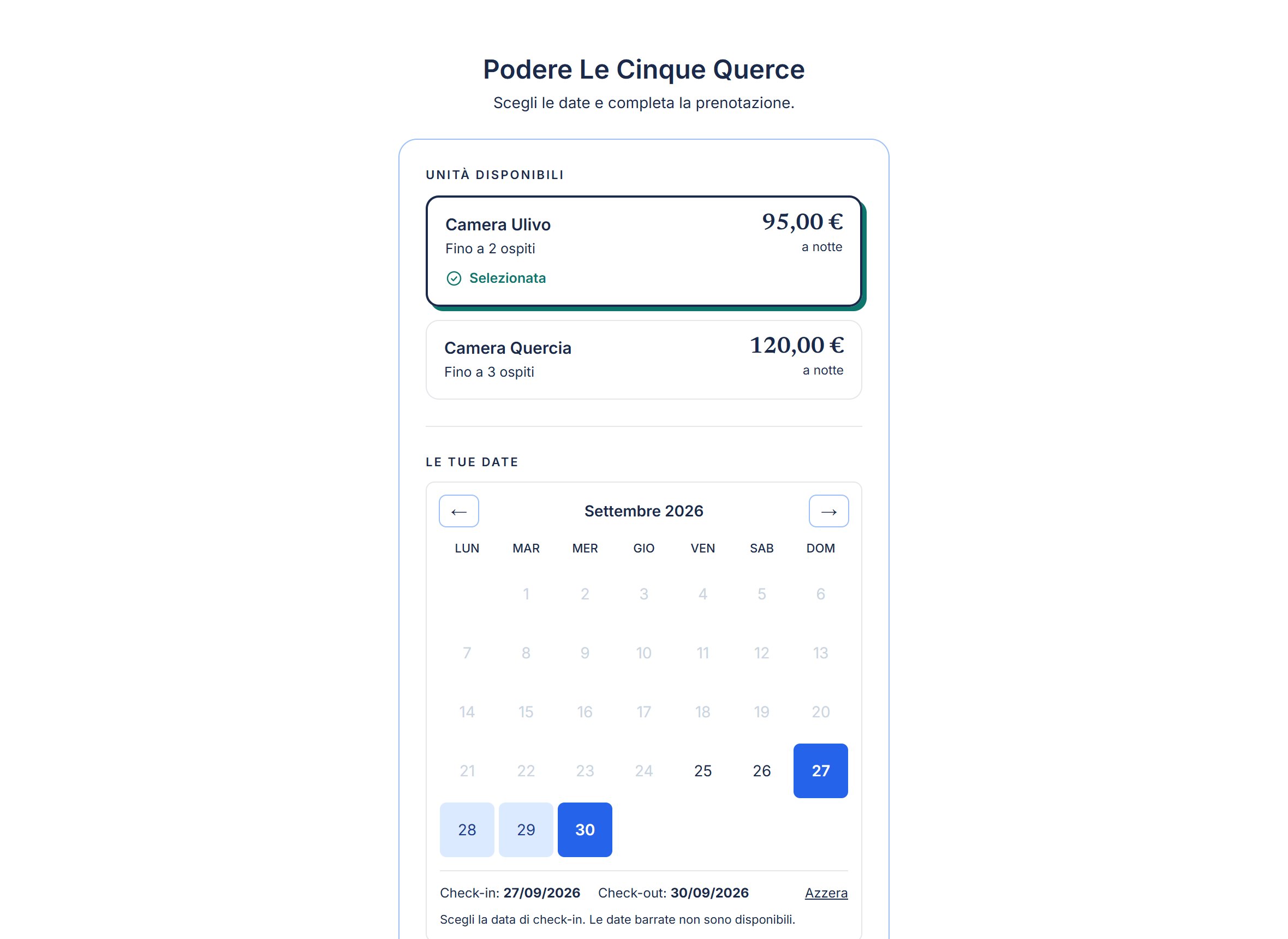 La pagina di prenotazione: unita, calendario e totale